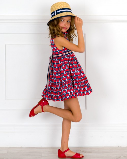 Outfit Niña Vestido Estampado Floral Rojo & Marino & Sandalia Piel Rojo &  Sombrero | Missbaby