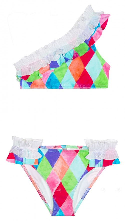 Bikini Niña Rombos Multicolor Volante Plisado 