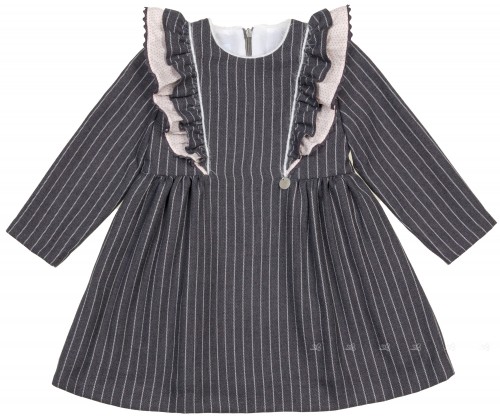 Foque Girls Grey Pin-Striped & Ruffle Shift Dress | Missbaby
