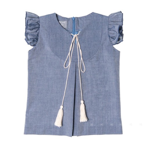 Blue Chambray Blouse with Tassels 