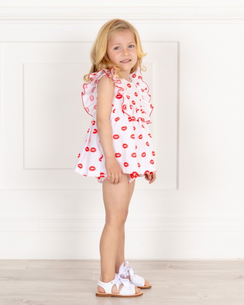 Baby Girls White & Red Lips Print 2 Piece Dress Set & White Glitter Sandals Outfit