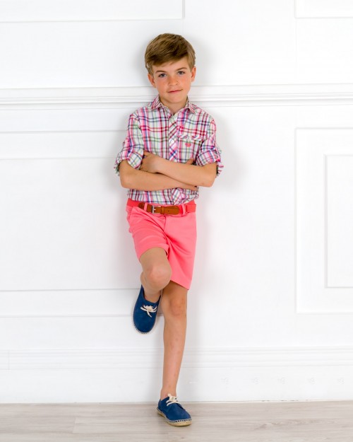 Outfit Boys Checked Shirt & Coral Pink Shorts Set & Blue Suede & Jute  Espadrilles | Missbaby