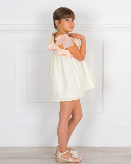 Girls Ivory Polka Dot Dress & Ivory Asimmetric Ruffle with Tulle & Espadrille Sandals & Flower Adornment Outfit 