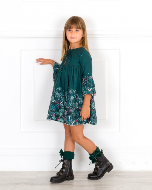 Girls Green Floral Print Dress Outfit & Black Boots | Missbaby