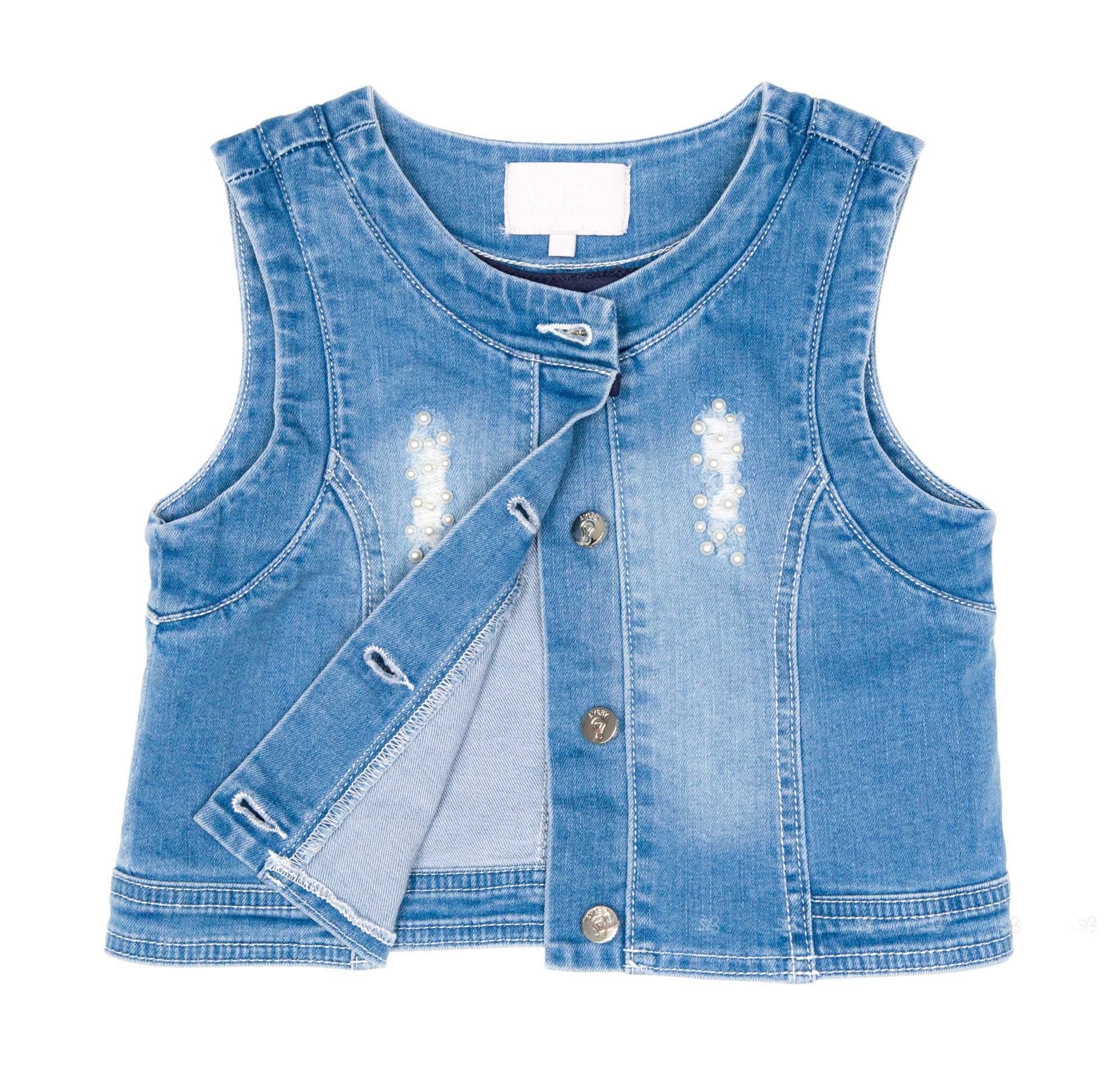 AYGEY.Girls Blue Denim Sleeveless Jacket With Pearls Apliqué | Missbaby