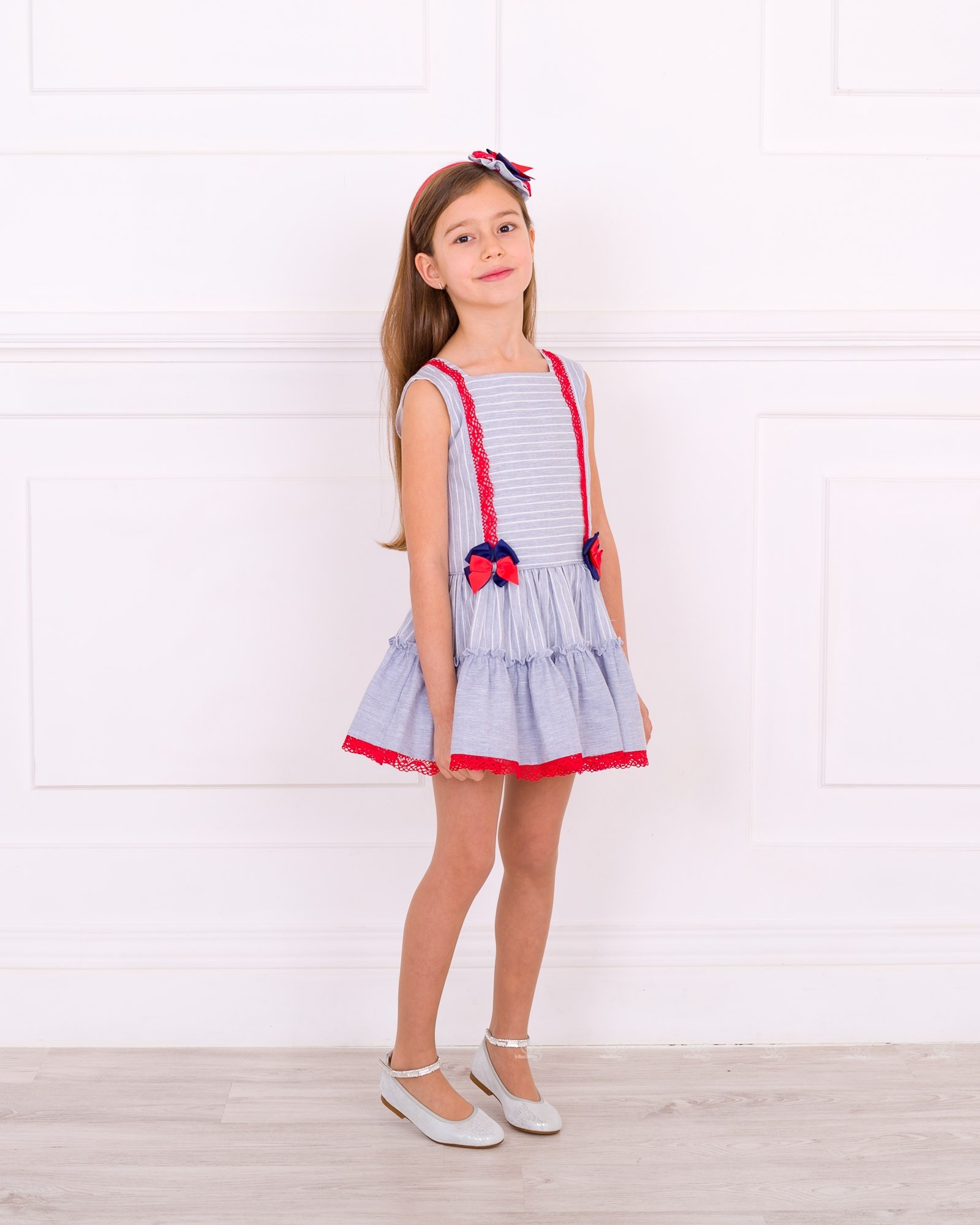 Dolce Petit Girls Denim Blue & White Striped Dress with Red Lace | Missbaby