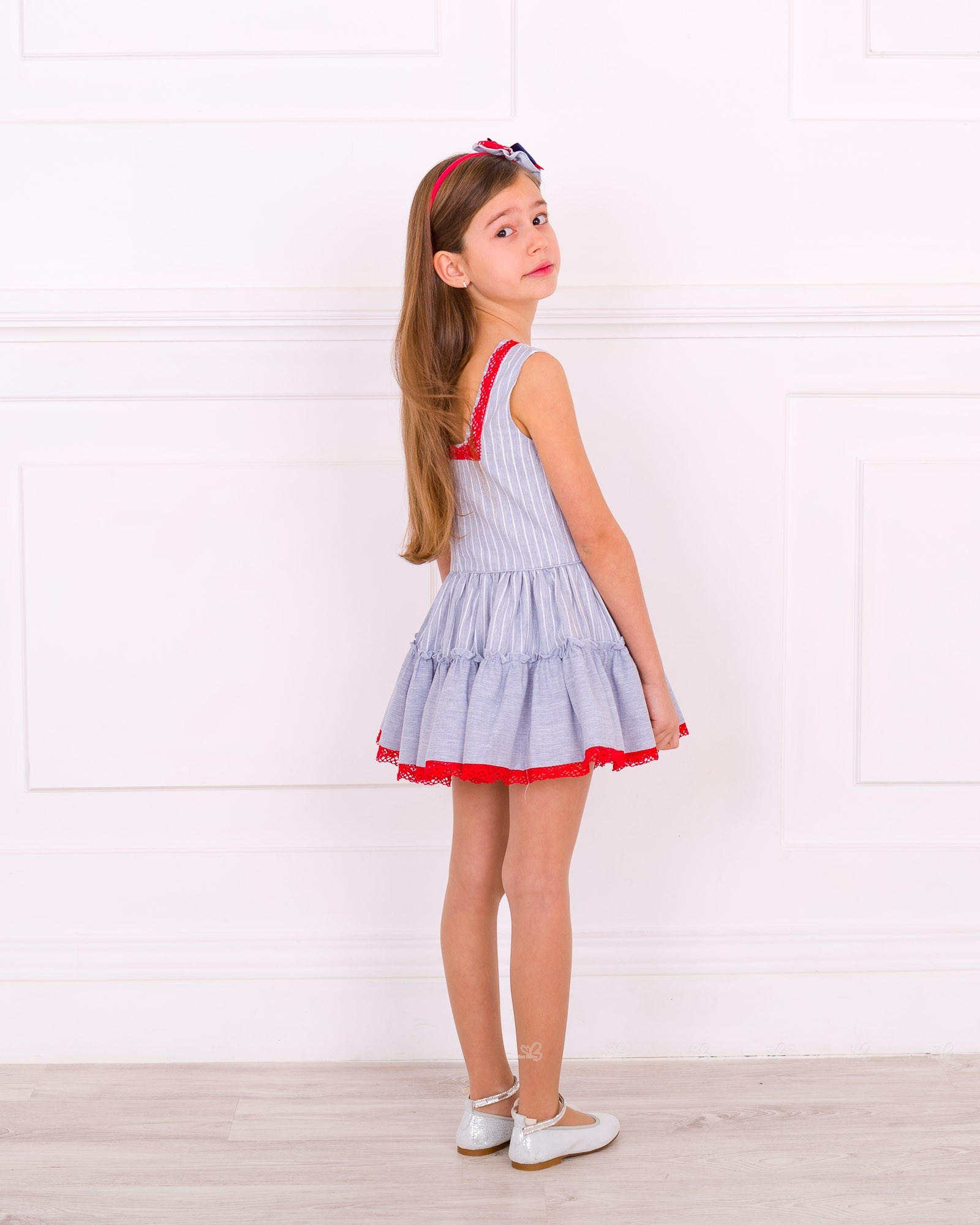 Dolce Petit Girls Denim Blue & White Striped Dress with Red Lace | Missbaby