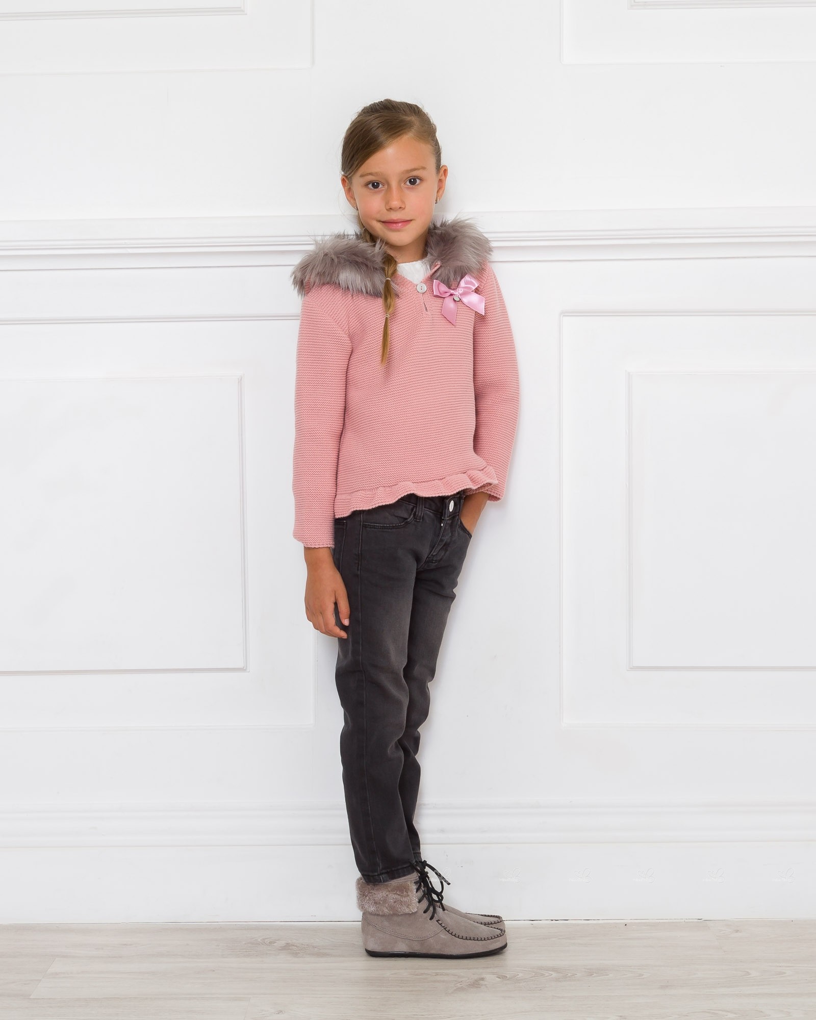 Blush Pink Knitted Sweater With Synthetic Fur Hood & Satin Bow | Missbaby