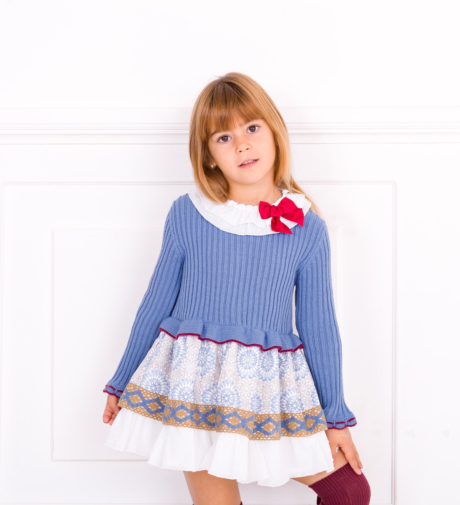 Dolce Petit Girls Blue Knitted Dress with Ruffle Skirt | Missbaby