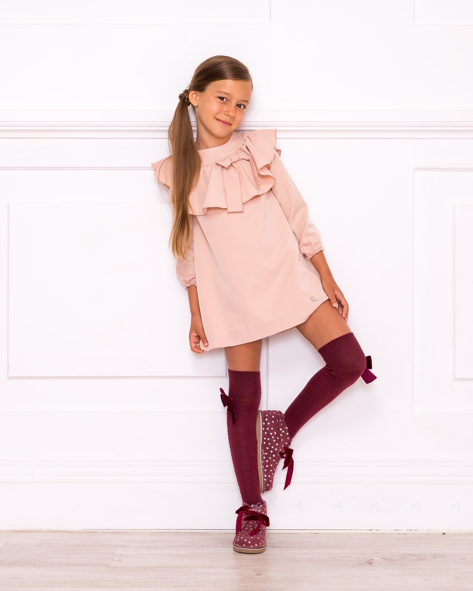 Girls Pale Pink Dress with Ruffle Yoke & Bow Outfit | Missbaby