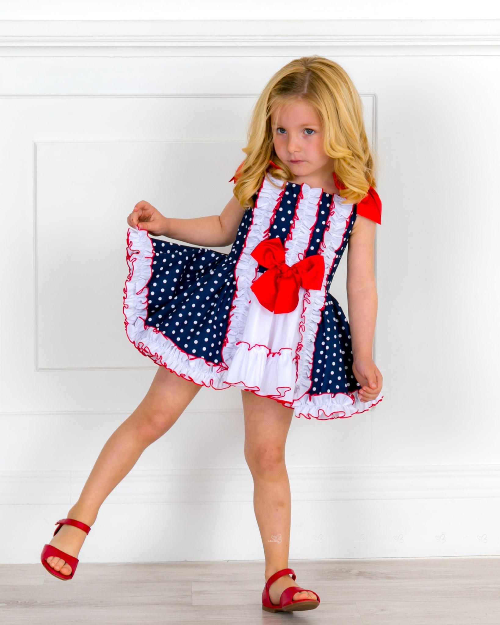 Girls Navy Blue & white Polka Dot Flared Dress & Girls Red Leather ...