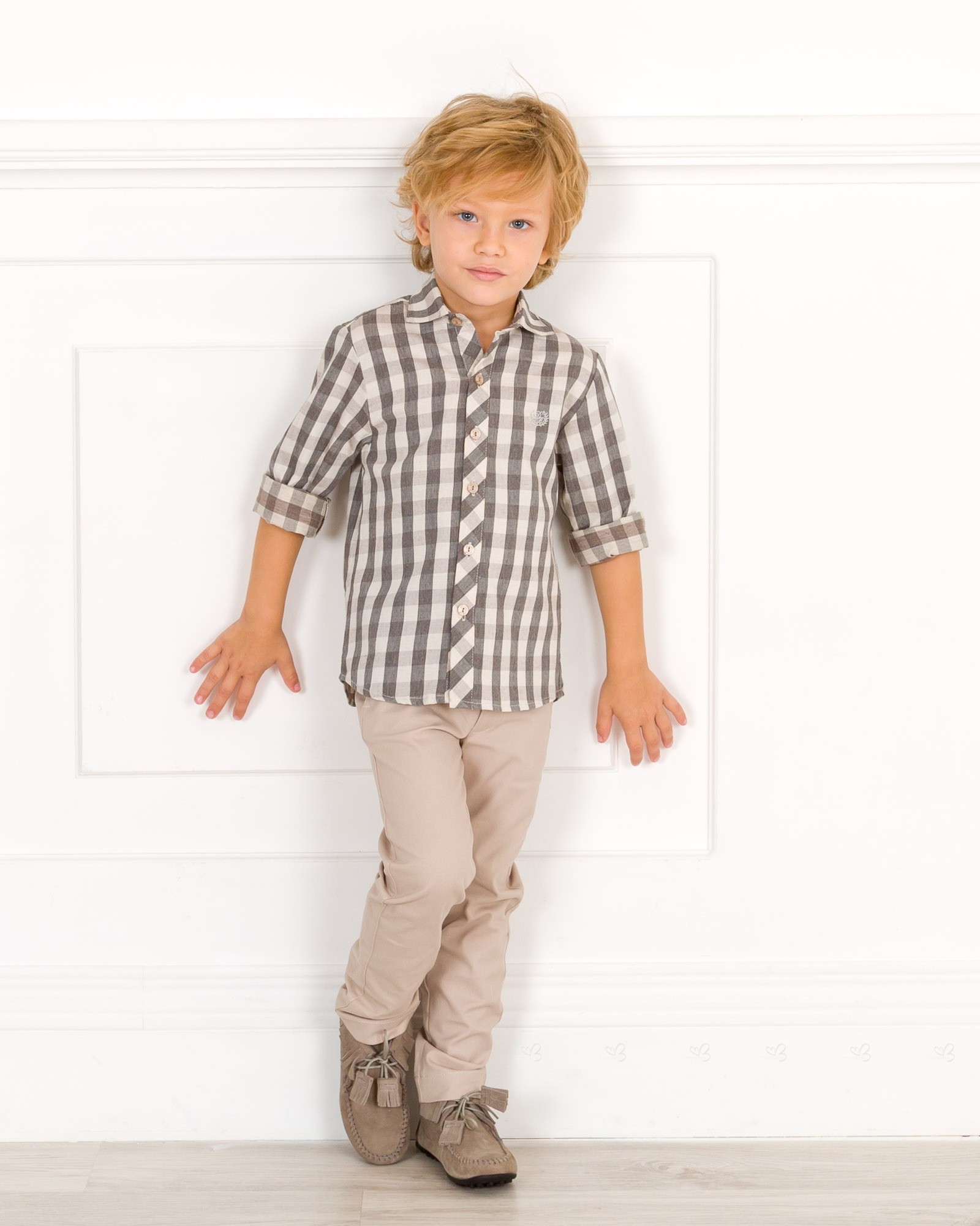 Boys Grey Checked Shirt Beige Shorts Set