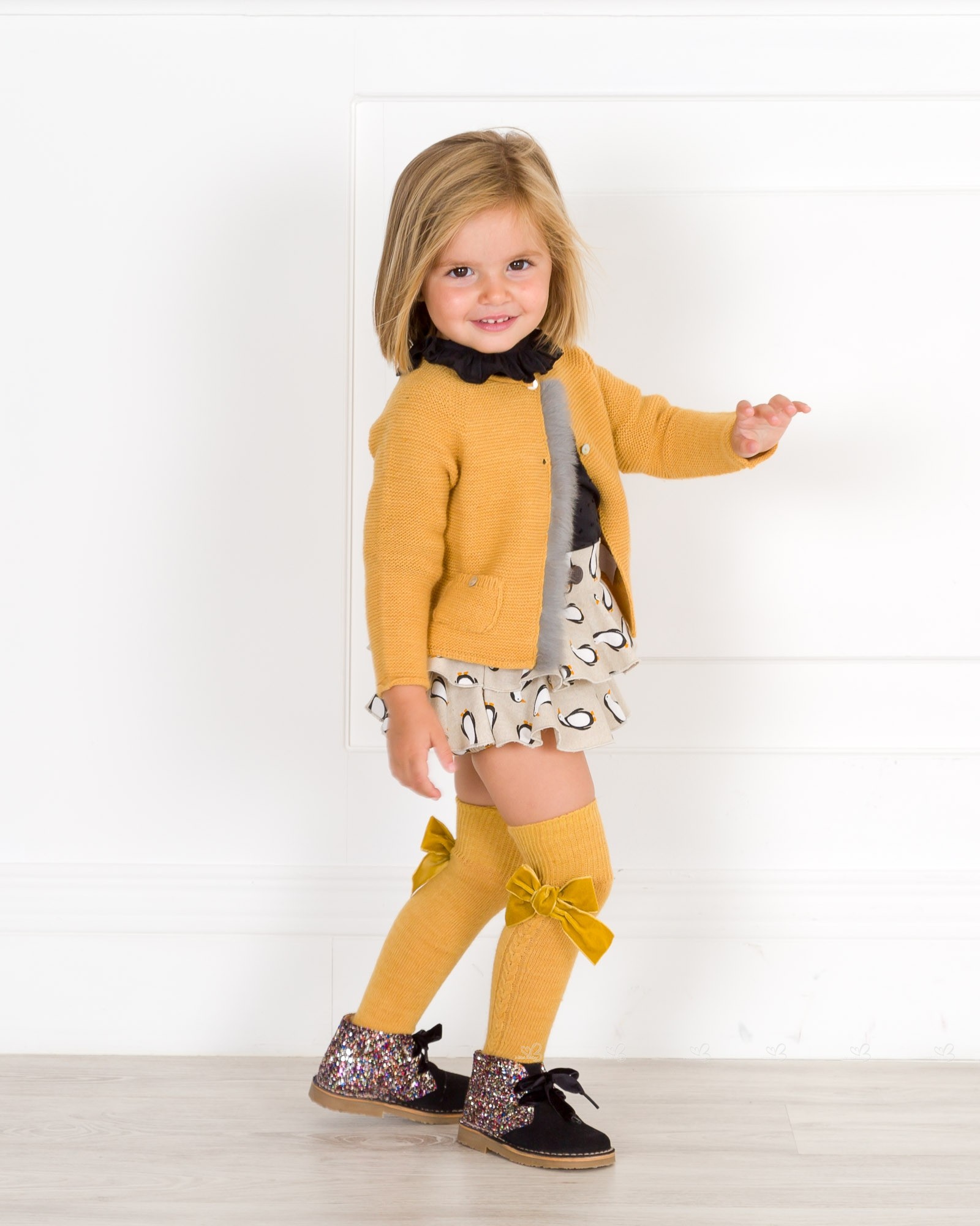 Penguin Dungaree Shorts Set Outfit & Mustard Knitted Cardigan | Missbaby