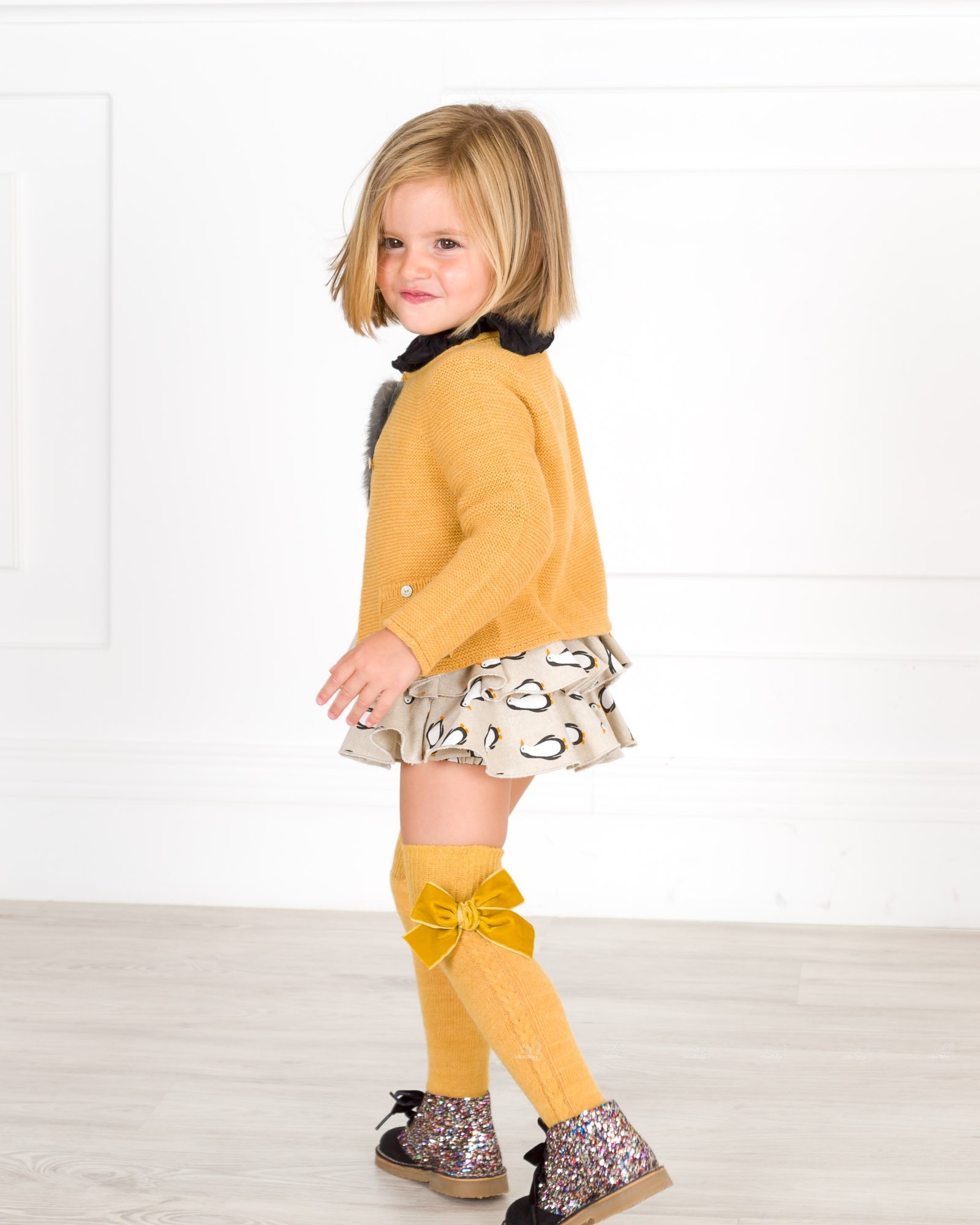 Penguin Dungaree Shorts Set Outfit & Mustard Knitted Cardigan | Missbaby