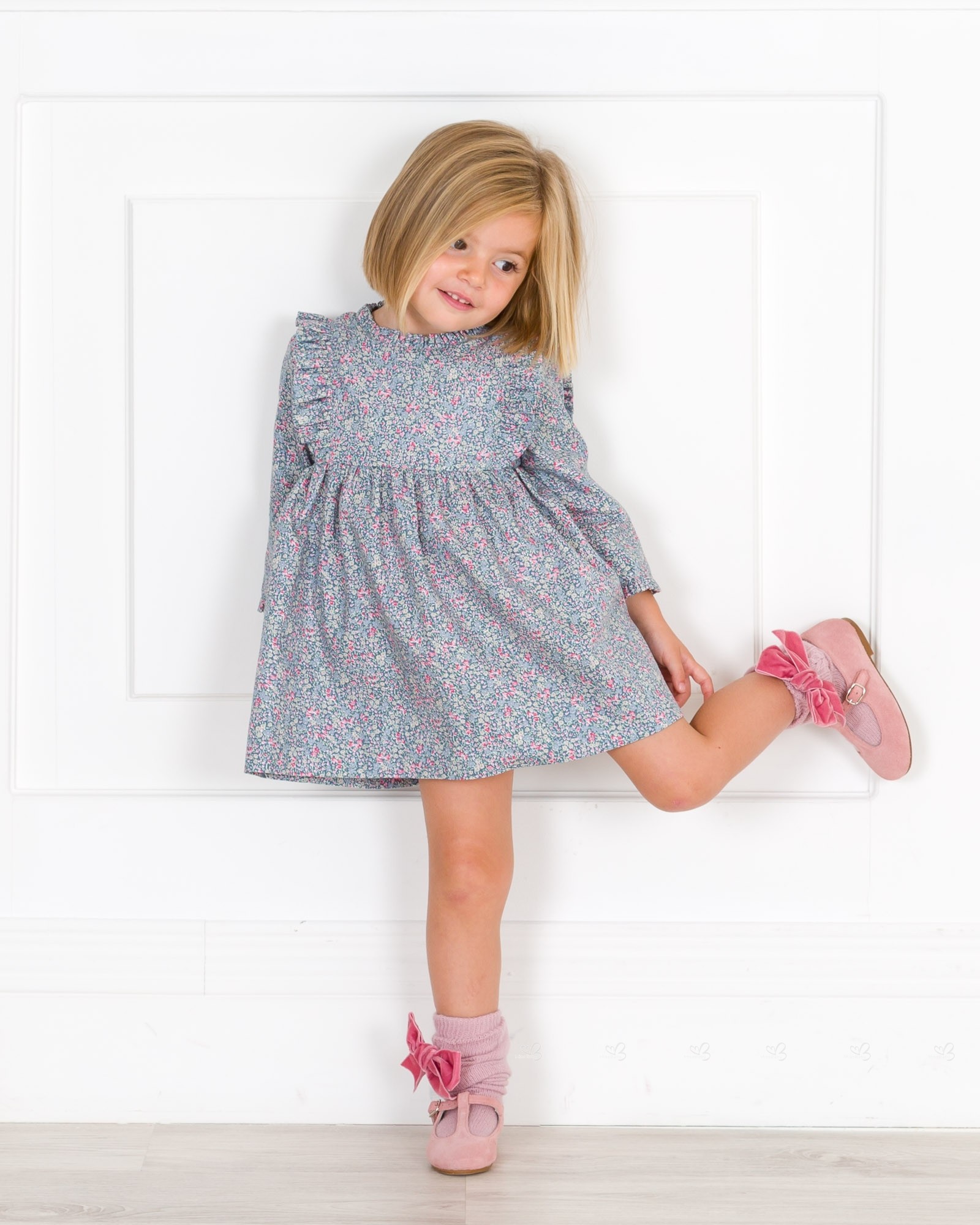 Girls Blue & Pink Liberty Dress with Frill Collar Outfit with Pale Pink ...
