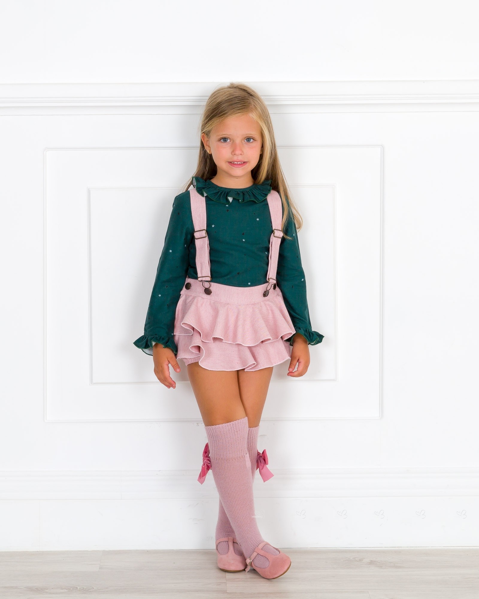 Girls Green Blouse & Pale Pink Ruffle Dungarees Set Outfit | Missbaby