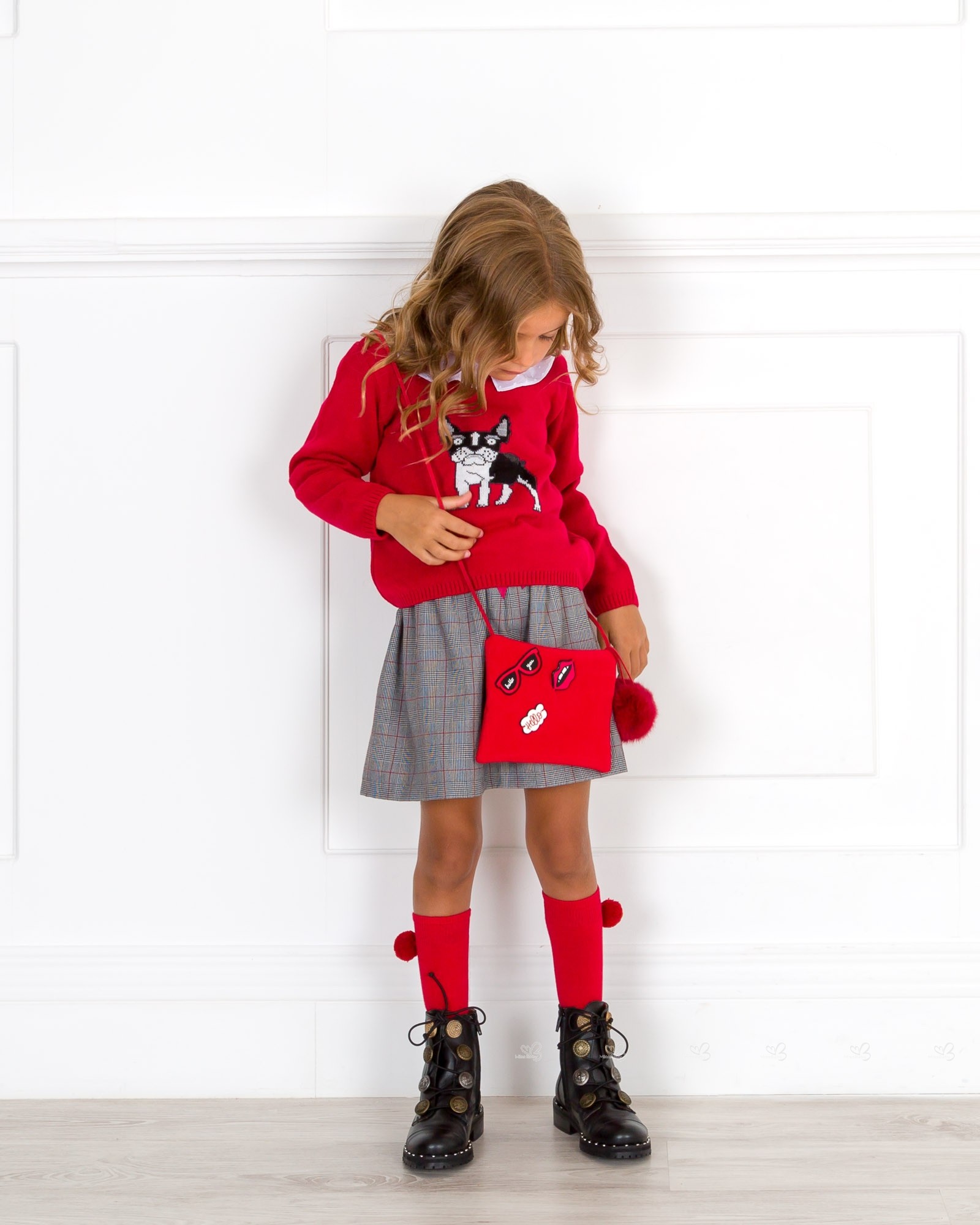 Girls Red Dog Sweater & Grey Glen Plaid Skirt Set Outfit | Missbaby