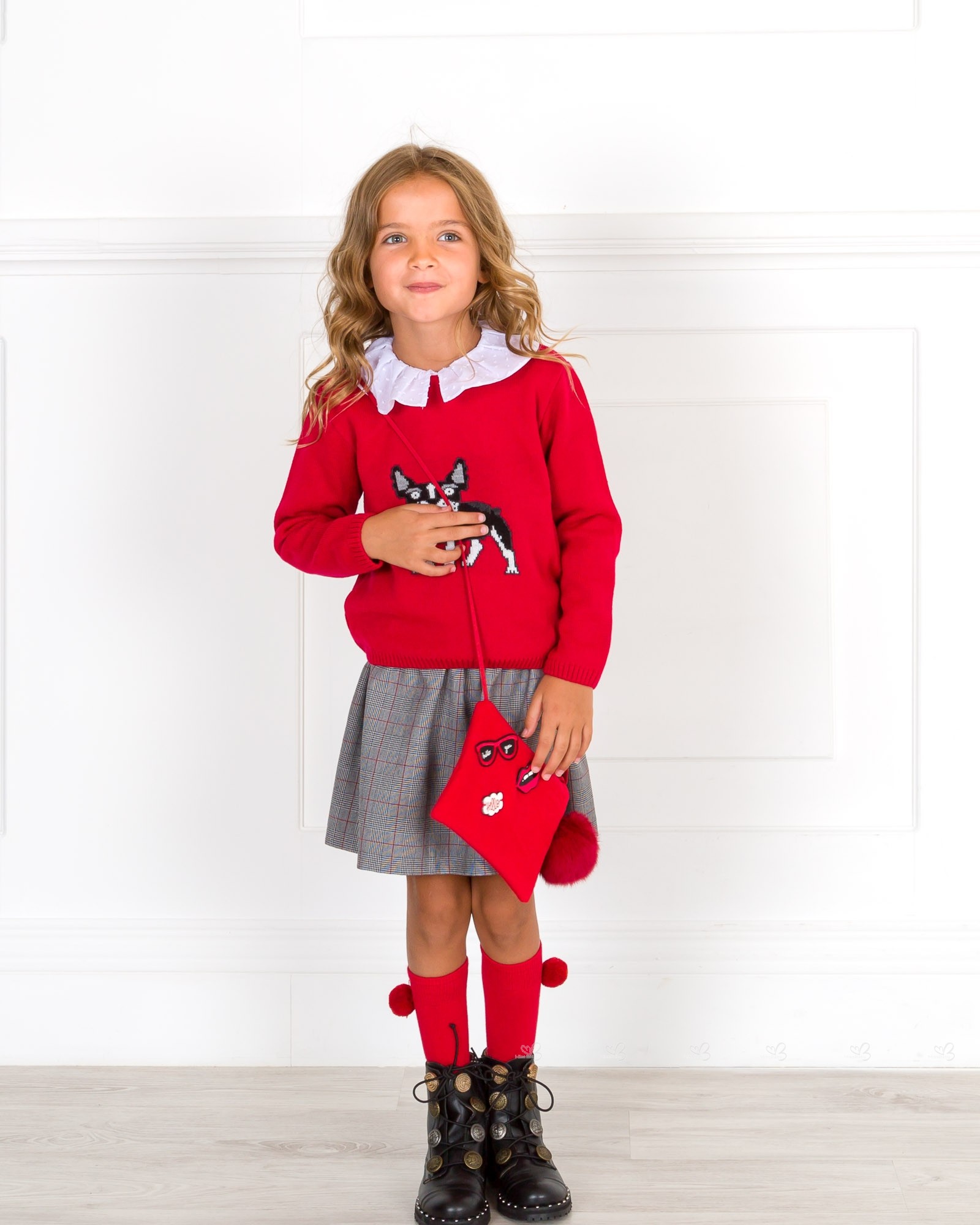 Girls Red Dog Sweater & Grey Glen Plaid Skirt Set Outfit | Missbaby