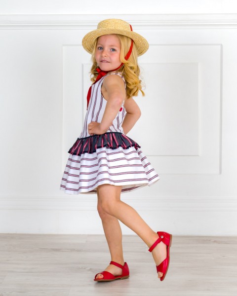 Girls Navy Blue & Red Ruffle Dress with Crossed Back Straps & Red Leather Amelia Sandals