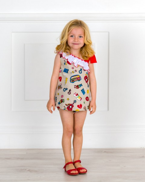 Baby Girls Off The Shoulder Graffiti Print 2 Piece Dress Set & Red Leather Sandals Outfit 