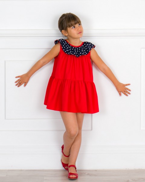 Girls Red Dress & Navy Blue Polka Dot Collar Ruffle & Red Leather Sandals Outfit