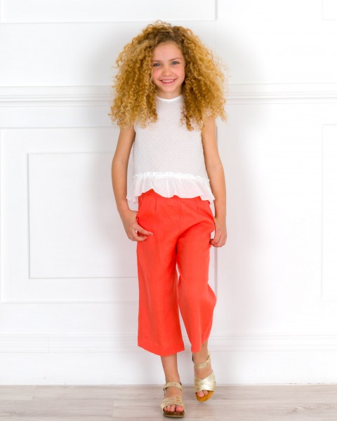  Girls Ivory Shirt & Coral Pink Culotte Trousers Set & Golden Wooden Clogs Sandals Outfit 