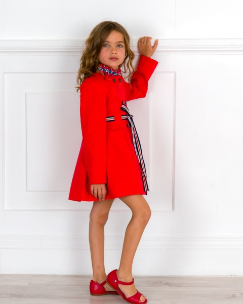 Girls Red Trench Coat & Red Leather Amelia Sandals Outfit 