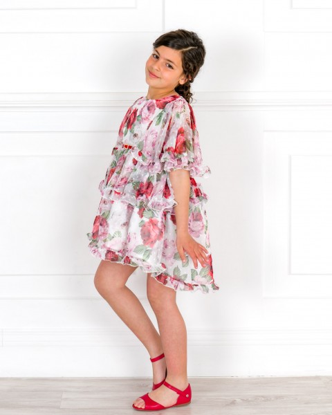 Girls Rose Print Chiffon Asymmetrical Dress & Girls Red Leather Amelia Sandals Outfit