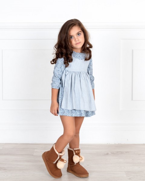 Girls Floral Print Apron Dress & Beige Boots Outfit