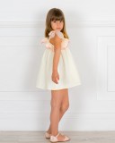 Girls Ivory Polka Dot Dress & Ivory Asimmetric Ruffle with Tulle & Espadrille Sandals & Flower Adornment Outfit 