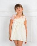 Girls Ivory Polka Dot Dress & Ivory Asimmetric Ruffle with Tulle & Espadrille Sandals & Flower Adornment Outfit 