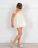 Girls Ivory Polka Dot Dress & Ivory Asimmetric Ruffle with Tulle & Espadrille Sandals & Flower Adornment Outfit 