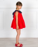 Girls Red Dress & Navy Blue Polka Dot Collar Ruffle & Red Leather Sandals Outfit