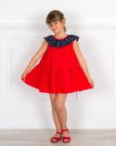 Girls Red Dress & Navy Blue Polka Dot Collar Ruffle & Red Leather Sandals Outfit