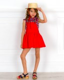 Baby Girls Navy Blue & Red 2 Piece Dress Set  & Red Sandals & Beige Straw Hat Outfit 